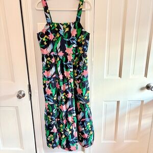 J Crew Sz 10 Navy Floral Print Tiered Maxi Dress Square Neck Sleeveless Lined